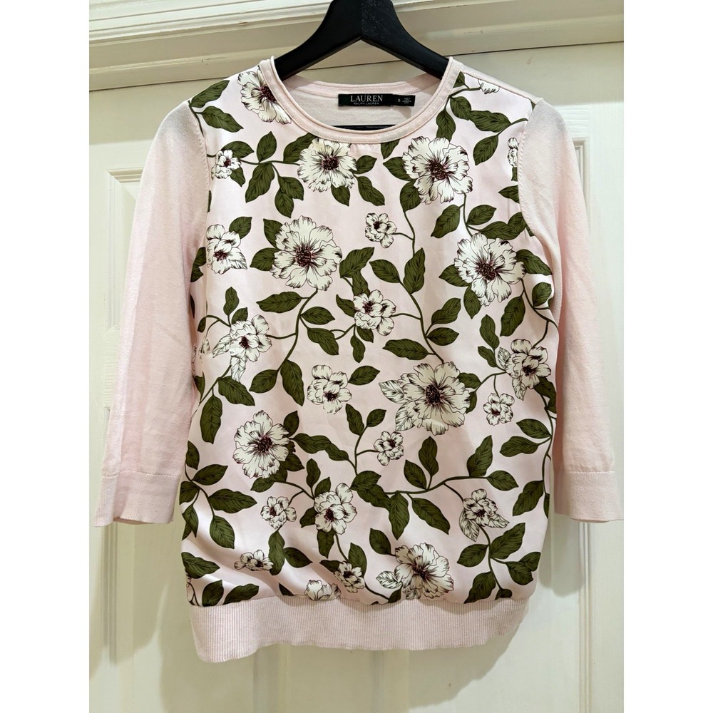 Lauren Ralph Lauren Women's Pink Floral Knit Crewneck Pullover Sweatshirt S
